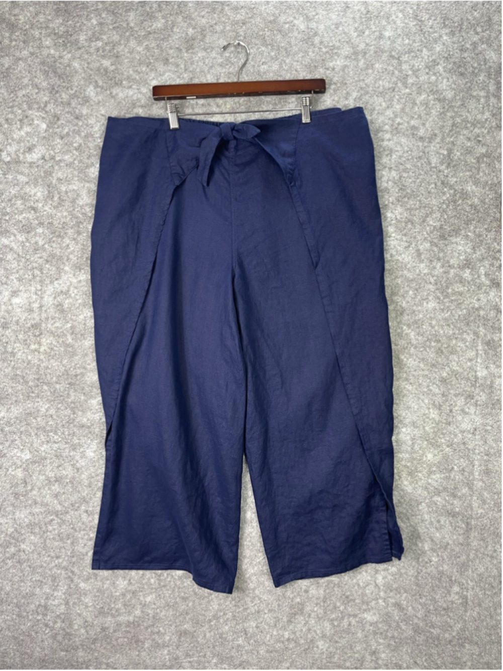 Lands End 100% Linen Pants Womens Large (14-16) Front Tie Leg Slit Blue Pull On